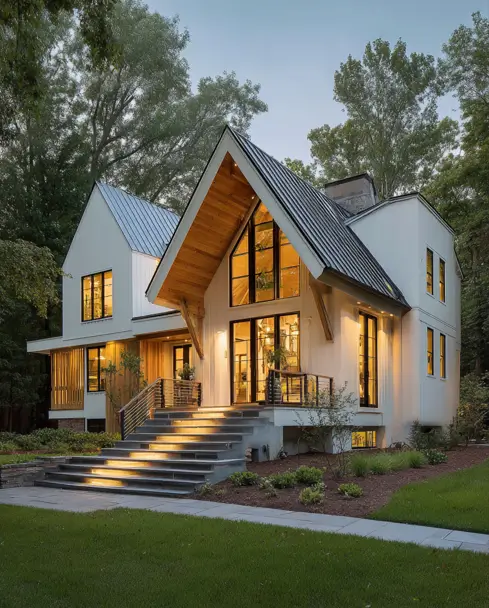 36 Modern Cottage Exterior Ideas to Achieve Timeless Curb Appeal 35 A modern cottage house at dusk with a dramatic, oversized gable lined with warm wood, set above an expansive, illuminated staircase.