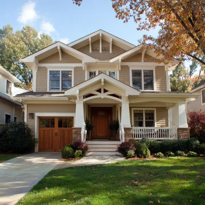 Modern craftsman style house with beige siding, prominent white decorative trusses in the gables, and warm wood garage and front doors.