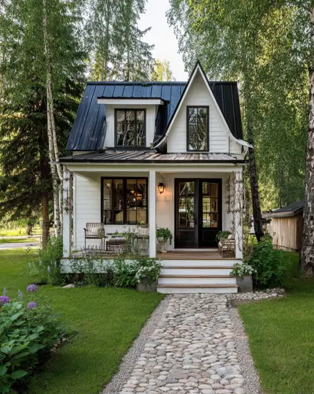 36 Tiny House Design Ideas + An Expert Interior Guide for 2025 35 A modern white farmhouse tiny house with a black metal roof and cobblestone path.