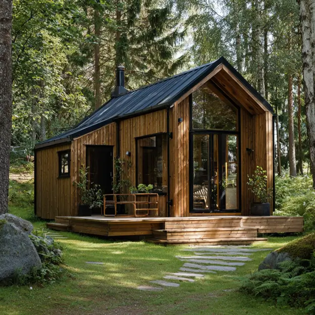 A modern minimalist cabin with vertical wood siding and a black metal roof, set in a forest.