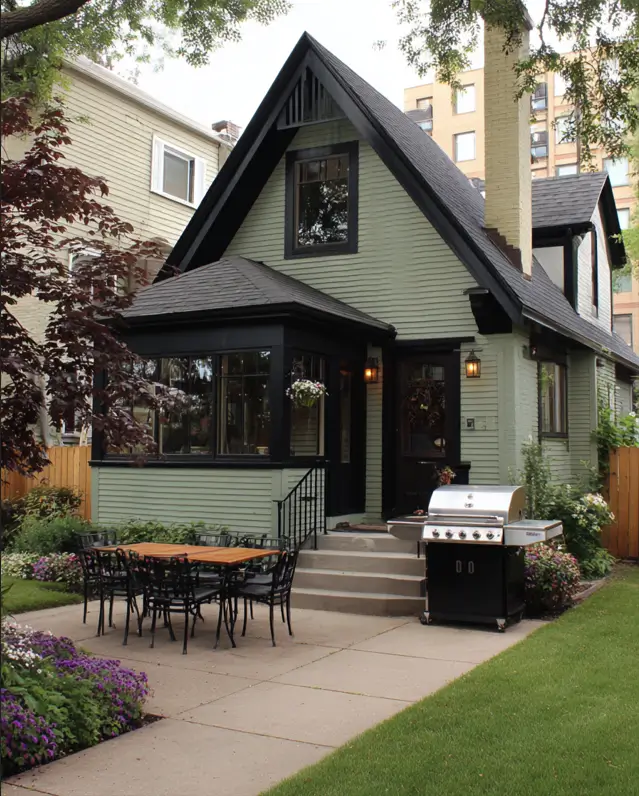 A quaint sage green cottage with a thoughtfully designed front yard patio, furnished for relaxing and outdoor dining.
