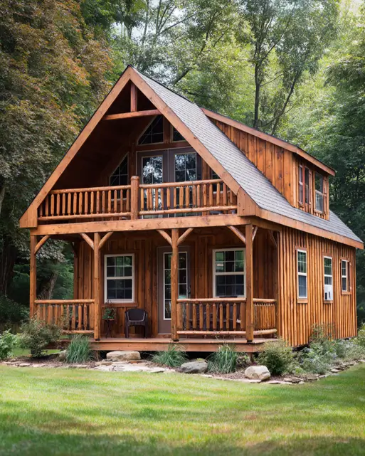 55 Tiny Cabin Ideas: The Ultimate Guide to Exterior & Interior Design 34 A two-story tiny cabin idea with elegant French doors that open from the loft onto a charming second-floor balcony.