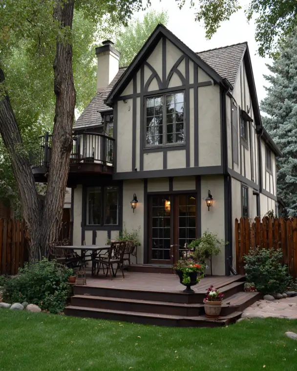 A two-story small Tudor-style home designed for outdoor living, with a spacious backyard deck and a private second-story balcony among the trees.