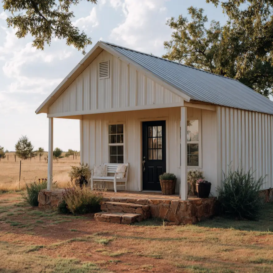 A tiny white barndominium with a rustic stone foundation and a small porch, set in a field at sunset.