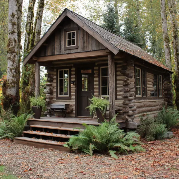 A weathered gray tiny log cabin with a wood shake roof, surrounded by lush green ferns in a mature forest.