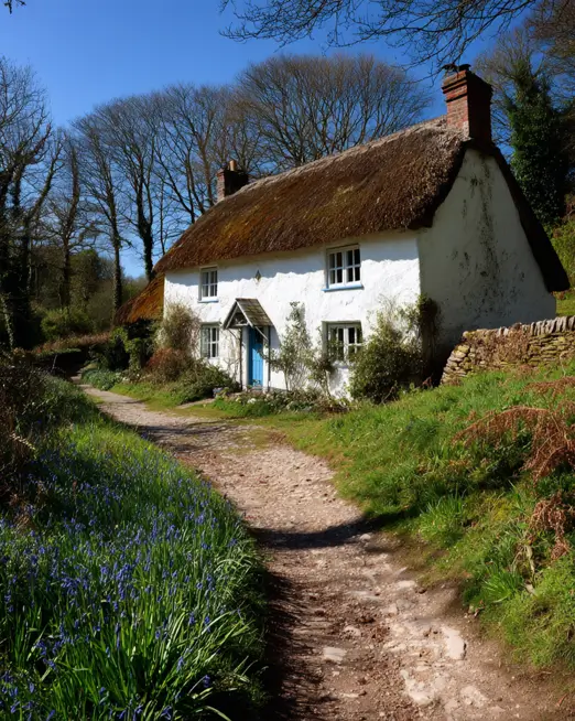 A charming white english cottage in the woods, with a rustic dirt path lined by a dense carpet of wild bluebell flowers in the spring.