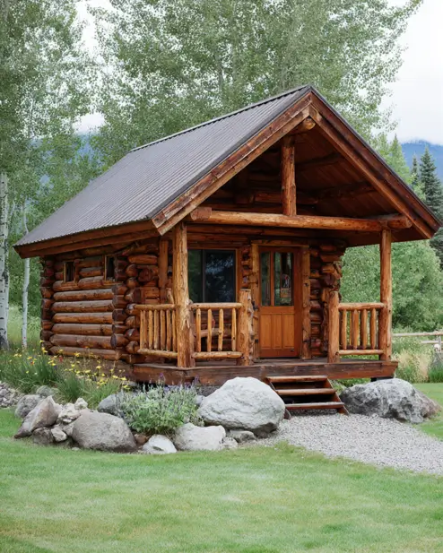 A classic tiny log cabin with a metal roof and front porch, set on a green lawn with aspen trees and mountains in the background.