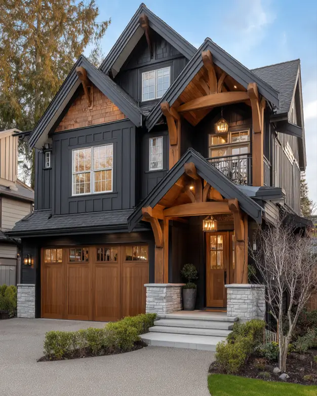 Striking contemporary craftsman house featuring dark vertical siding, heavy natural wood timber framing, and a matching wood garage door.