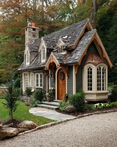 A storybook cottage with stone, shingle siding, and a copper bay window, showcasing a detailed small home exterior idea.