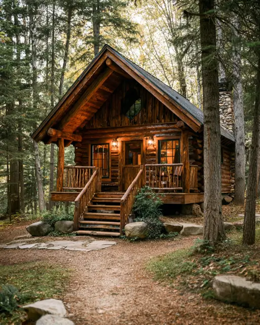 55 Tiny Cabin Ideas: The Ultimate Guide to Exterior & Interior Design 35 A classic log tiny cabin design featuring a tall stone chimney, elevated on a raised foundation to command a view of the pine forest.