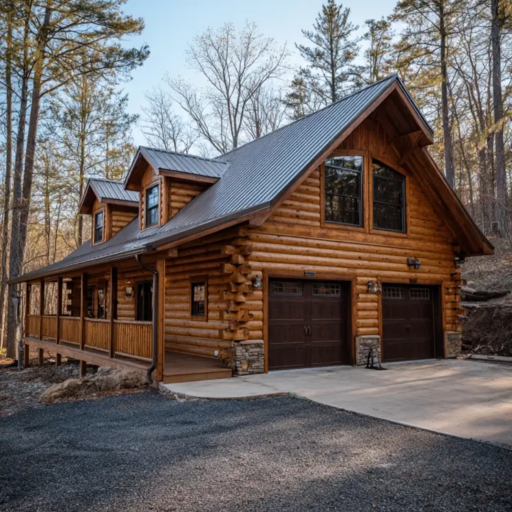 A log cabin house style built into a hillside, featuring an integrated two-car garage.