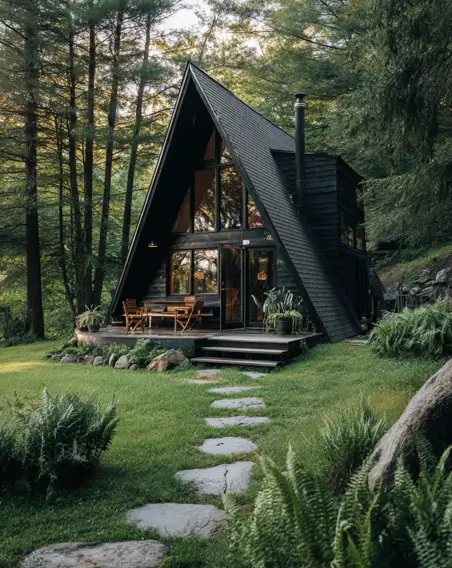 36 Tiny House Design Ideas + An Expert Interior Guide for 2025 36 A modern black A-frame tiny house with a wooden deck in a forest clearing.