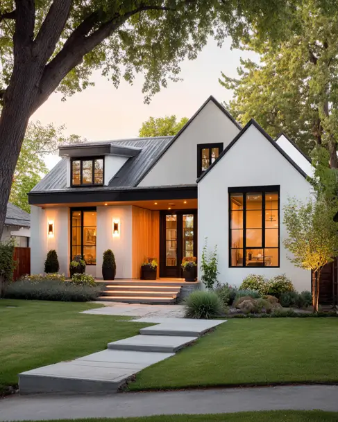 36 Modern Cottage Exterior Ideas to Achieve Timeless Curb Appeal 36 A modern cottage with crisp white siding and a metal roof, featuring a deeply recessed entryway completely lined with warm, light-colored wood.