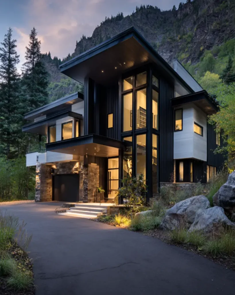 A multi-level modern mountain house at dusk with a complex geometric design, featuring dark and light panels and a stone base.