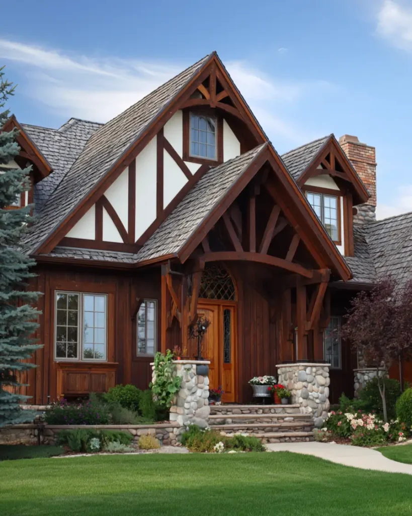A rustic Tudor-style lodge with heavy timber framing over the portico and a river rock stone base.