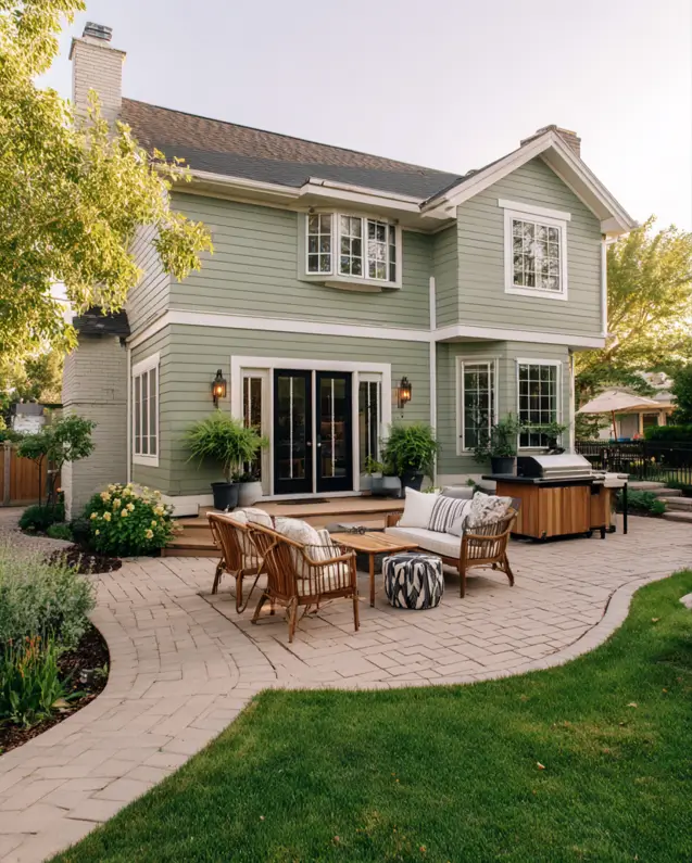 The back of a sage green house, where black-trimmed glass doors open onto an elegant, curving paver patio with modern furniture.