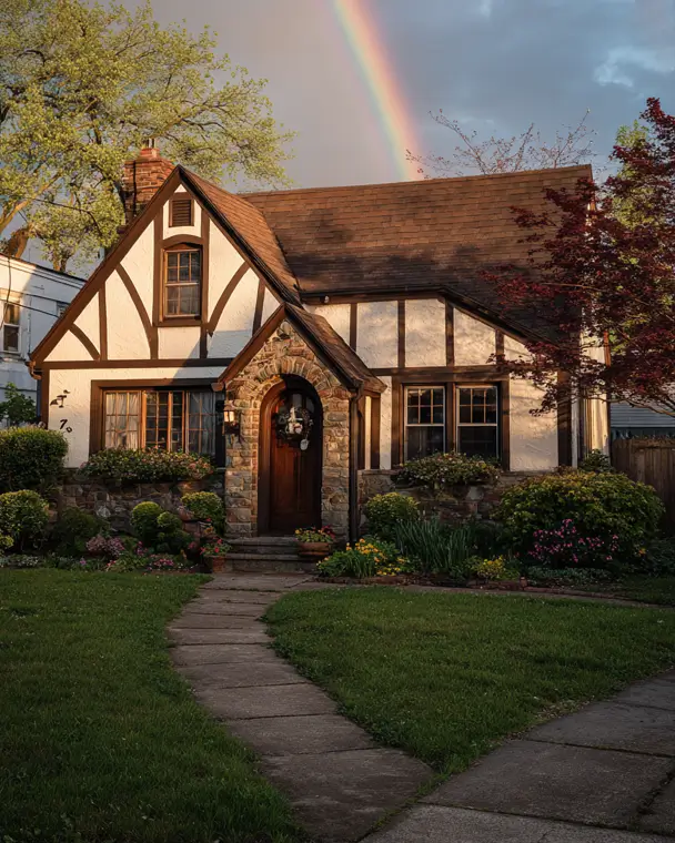 A picturesque small Tudor-style house with a rustic stone arched entryway and warm brown timbering, under a beautiful rainbow.