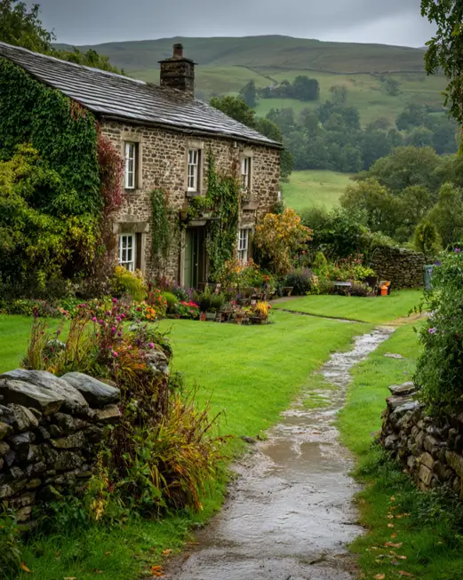 A stone english cottage house design set in a lush green valley, with a wet garden path and a backdrop of expansive, rolling hills.