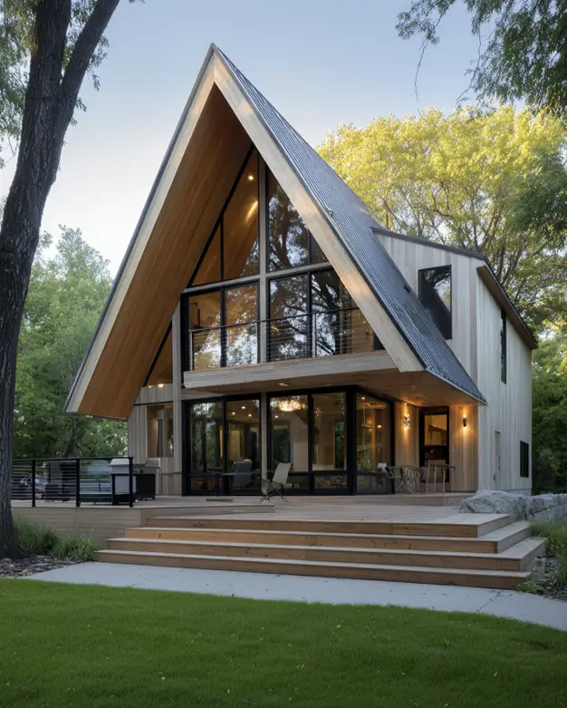 A modern A-frame house with light wood siding and a dark roof, featuring a large deck and balcony in a wooded area.