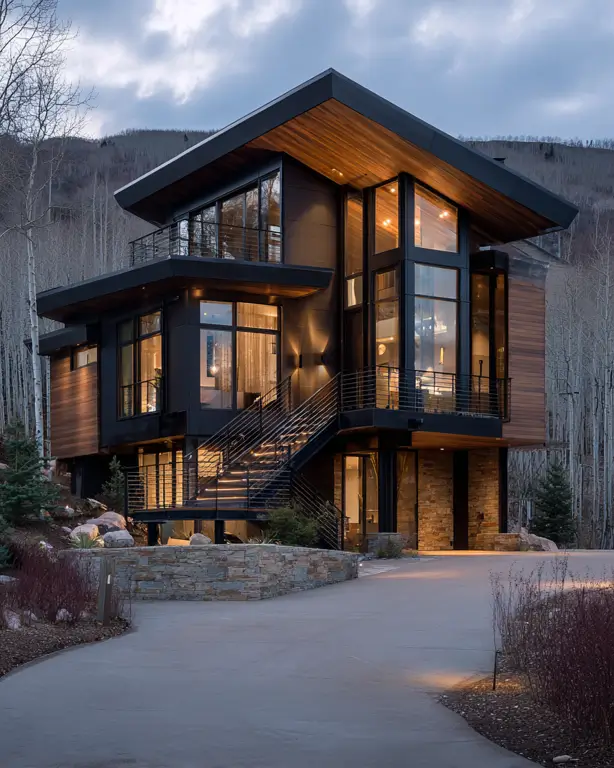 A modern house with a dark exterior and wood accents, elevated on a smaller base with an external staircase, set in an aspen grove at dusk.