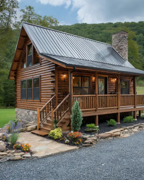 A modern tiny log cabin home with dark metal roofing, black window trim, and a stacked stone foundation, set against a green hillside.