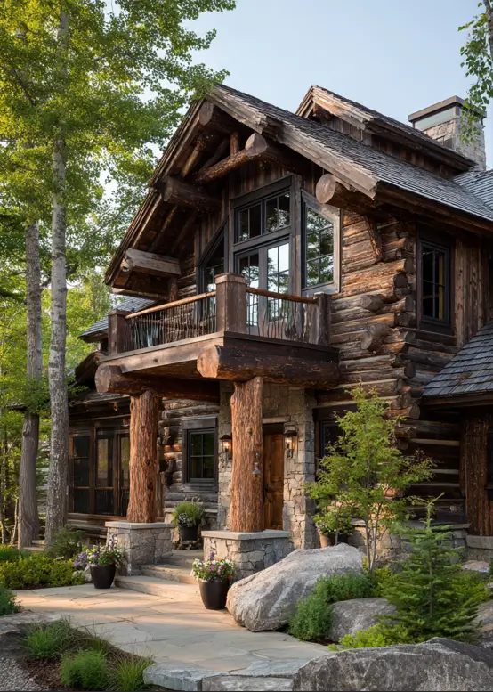 A rustic log cabin with massive log pillars supporting a second-story balcony and a stone base.