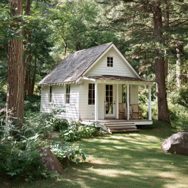 55 Tiny Cabin Ideas: The Ultimate Guide to Exterior & Interior Design 36 A minimalist white small cabin idea with a clean, simple design, featuring a welcoming porch with rocking chairs in a sunlit forest clearing.