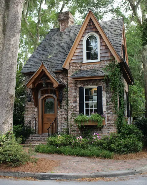A small brick and shingle house with an arched window, showcasing a timeless exterior design idea.