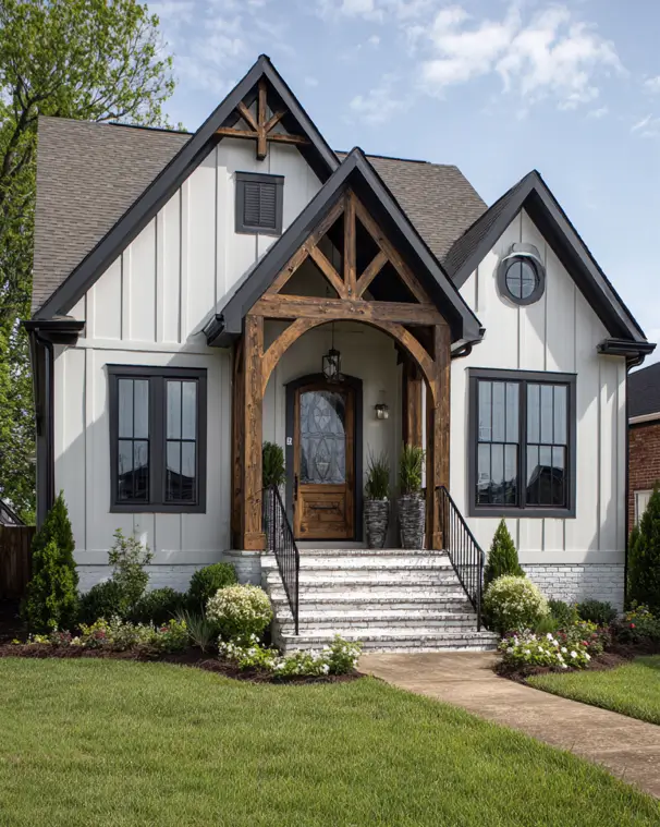 A modern farmhouse and Tudor blend, with white vertical siding, a heavy timber-framed porch, and classic steep gables with black trim.