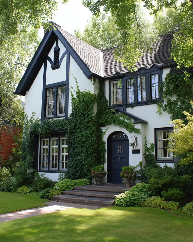 A Tudor-style house with black trim and lush climbing ivy covering the white stucco walls for a romantic look.
