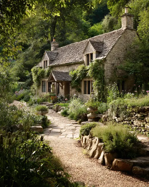 A magical stone english cottage nestled in a dense woodland, with dappled sunlight filtering through the trees onto a winding gravel path.