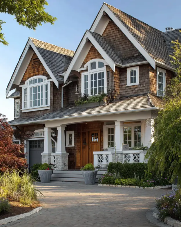 Contemporary craftsman house exterior of cedar shake siding, featuring prominent white-trimmed arched windows and a welcoming front porch.