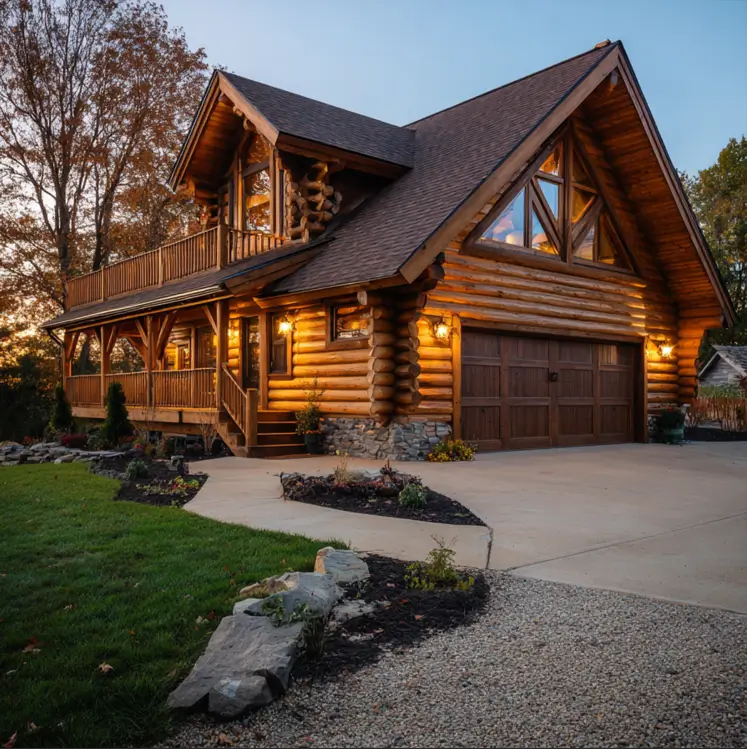 A large log cabin home at dusk, featuring a spacious second-story deck built over the garage.