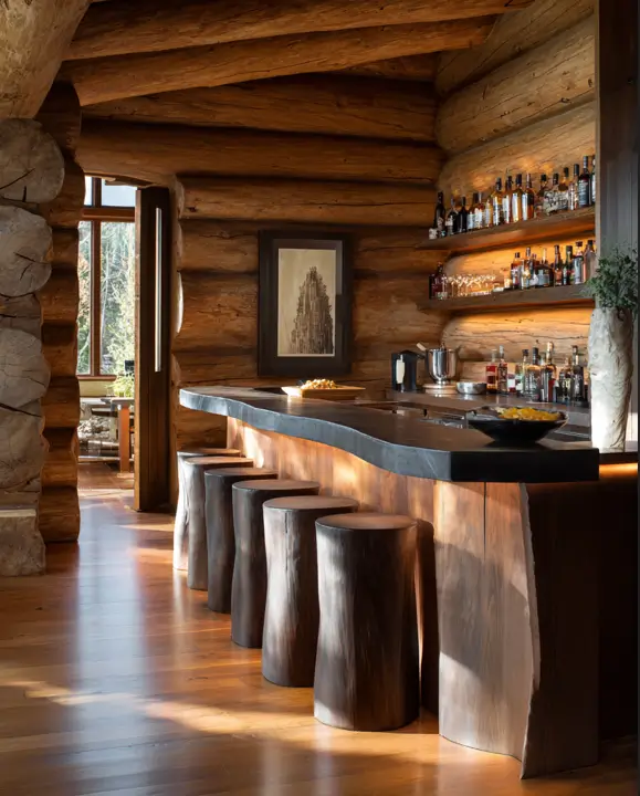 A modern bar log cabin with a sleek dark countertop and minimalist solid wood stools.