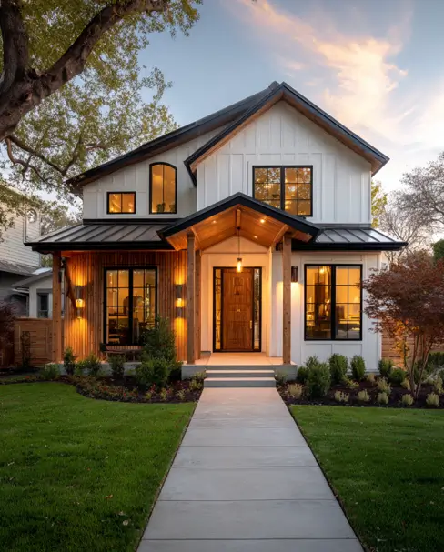 36 Modern Cottage Exterior Ideas to Achieve Timeless Curb Appeal 38 A modern cottage with white vertical siding, featuring a covered porch section completely wrapped in warm, horizontal wood siding for contrast.
