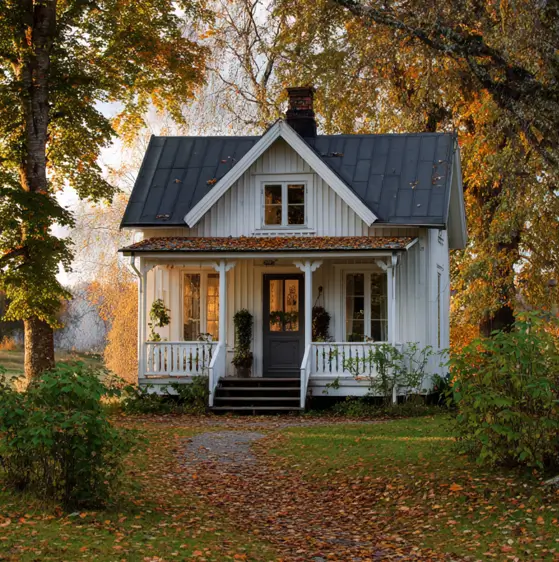 36 Tiny House Design Ideas + An Expert Interior Guide for 2025 38 A white modern farmhouse tiny house with a dark roof in an autumn setting.