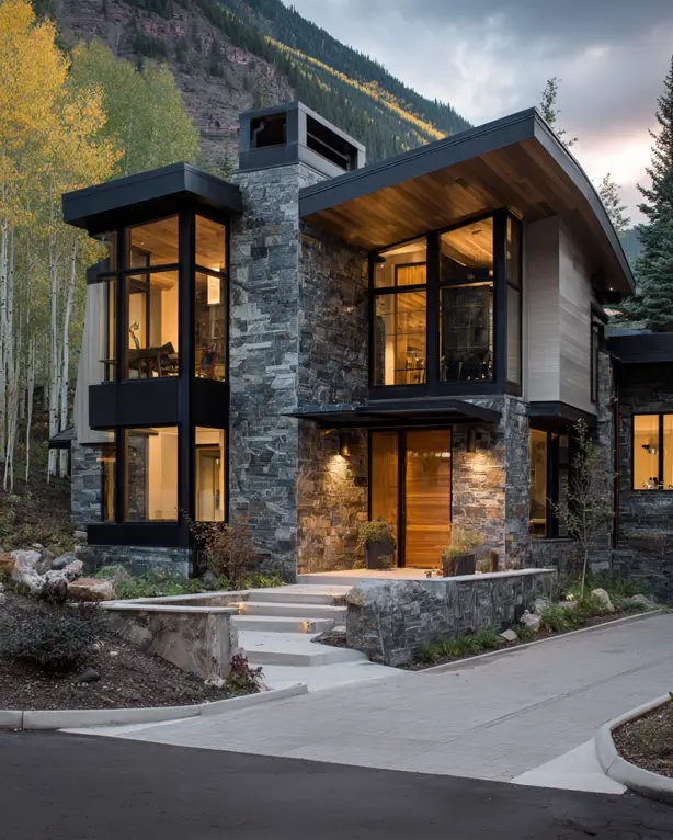 A modern mountain home with a dark stone facade and a gently curved roofline, set against a backdrop of aspen trees and mountains at dusk.