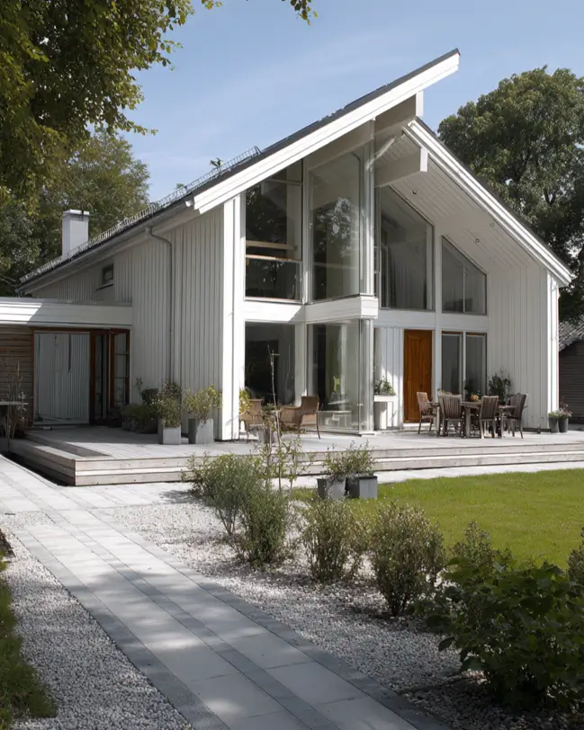 A modern Scandinavian house exterior in white with an asymmetrical roof, a large glass facade, and a wooden deck in a sunny backyard.