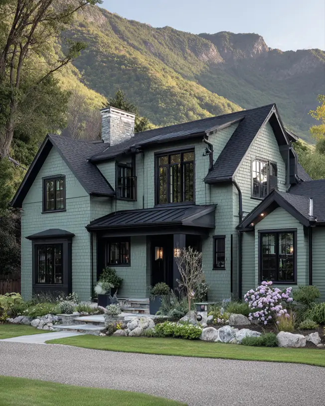 A beautiful sage green shingle house with black trim, its earthy color palette harmonizing with the dramatic mountain backdrop.