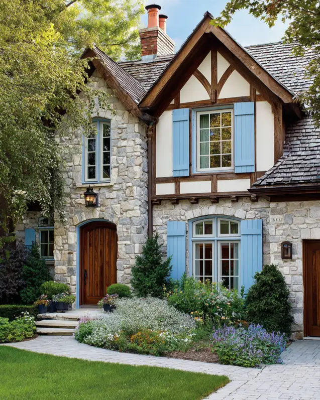 A stone Tudor-style house with charming light blue shutters that add a touch of provincial charm.