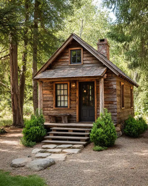 55 Tiny Cabin Ideas: The Ultimate Guide to Exterior & Interior Design 37 A compact log tiny cabin home with a clever space-saving solution: a built-in wooden bench integrated into the porch next to the door.