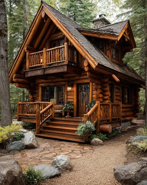 A grand two-story tiny log cabin with a covered second-floor balcony, nestled deep within a lush pine forest.