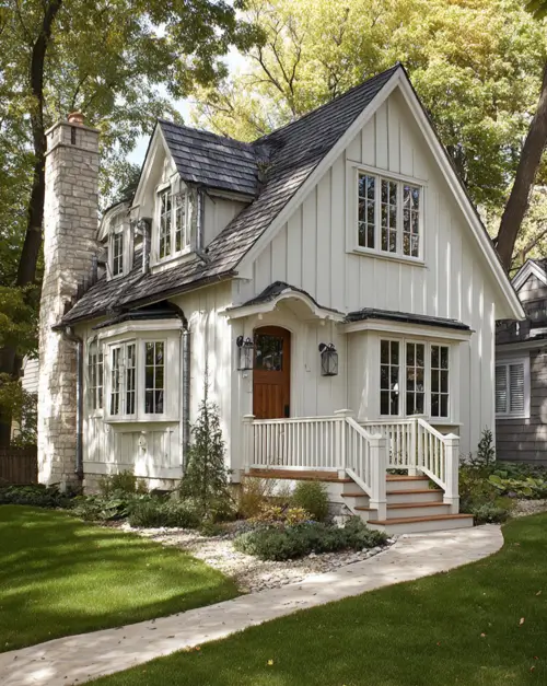 A small white house with vertical siding and a stone chimney, offering a sophisticated exterior idea combining modern and rustic textures.