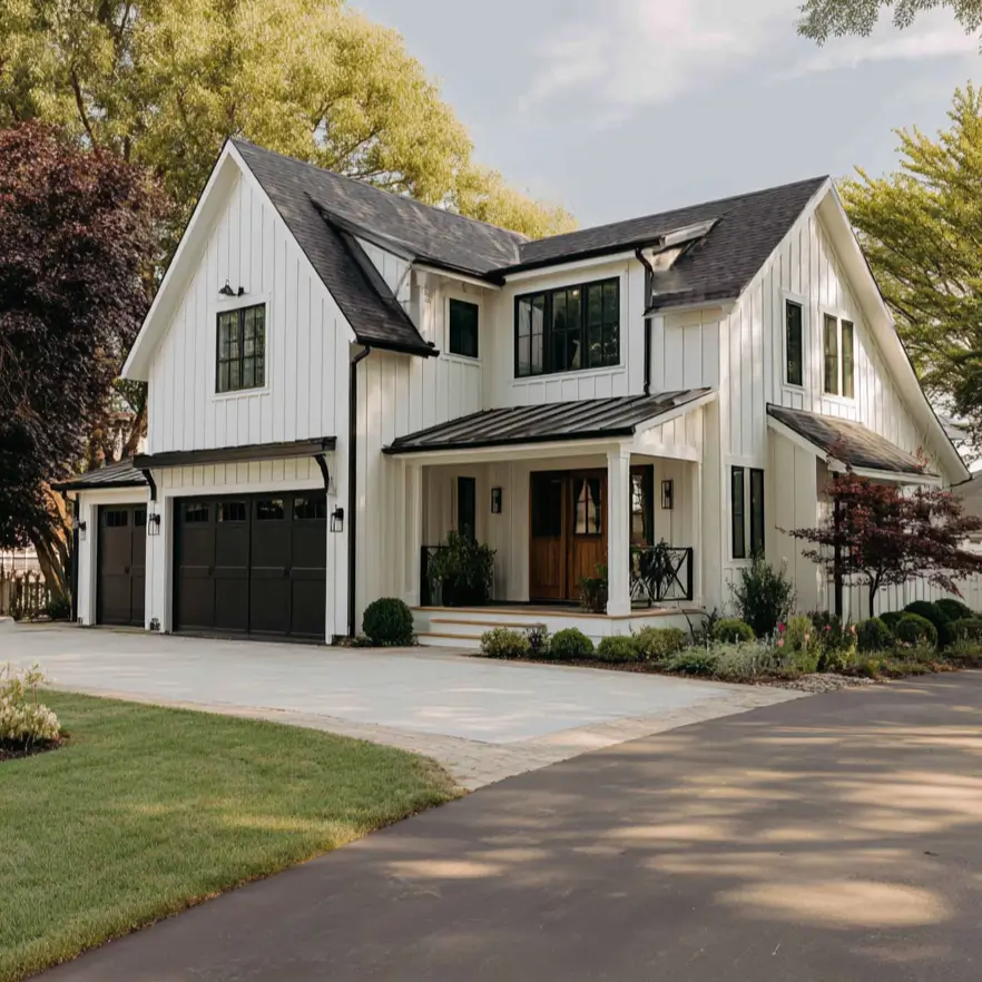 A welcoming front entry with a warm wood door softening a white and black farmhouse exterior.