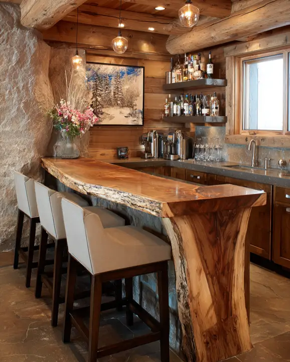 A chic bar log cabin blending a live-edge counter with modern upholstered chairs and contemporary art.
