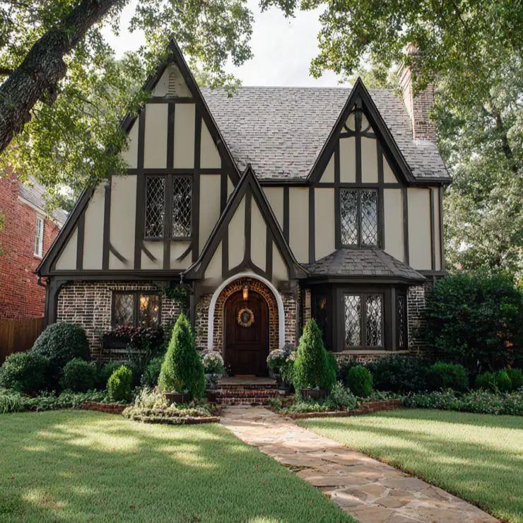 A classic Tudor-style house with a gracefully curving flagstone path leading to the front door.