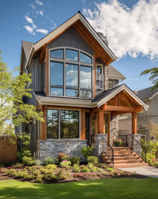 A contemporary craftsman house with a large two-story arched window as a focal point, gray shingle siding, and warm wood trim.