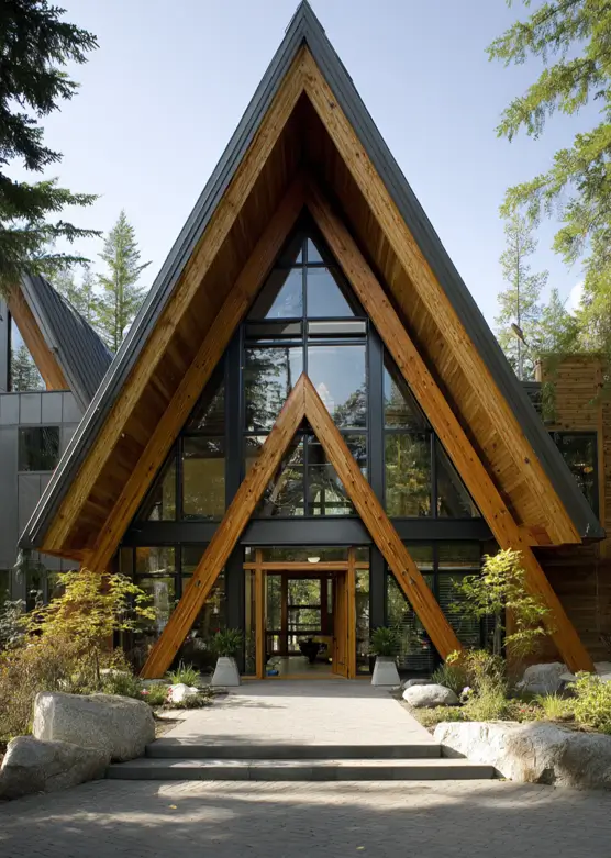 A modern A-frame lodge with a heavy exposed timber frame and a glass facade, set in a forest.