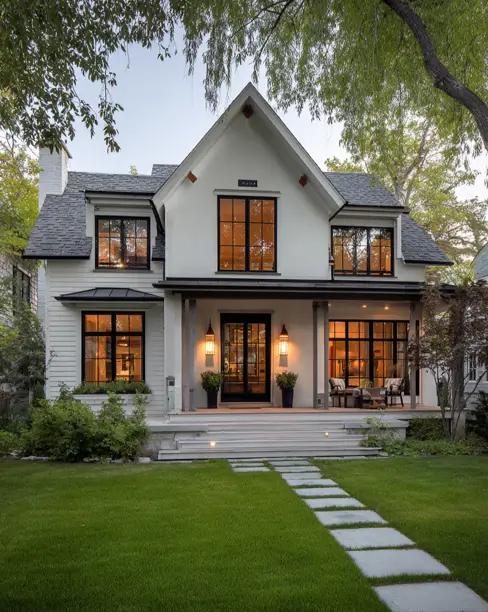 36 Modern Cottage Exterior Ideas to Achieve Timeless Curb Appeal 39 A welcoming modern cottage with a light-colored exterior and an expansive, full-width front porch that includes an outdoor seating area.
