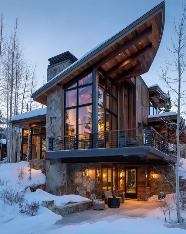 A modern mountain home with a dramatic, curved wing-like roof, set in a snowy landscape with aspen trees.